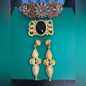Vintage Gold-Tone Statement Jewelry Set, pair of earrings, Brooch & hair Barret